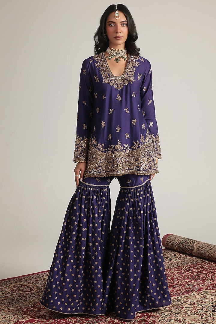 Purple Kora Silk Zardosi Embroidered Bridal Sharara Set by Niti Bothra at Pernia's Pop Up Shop