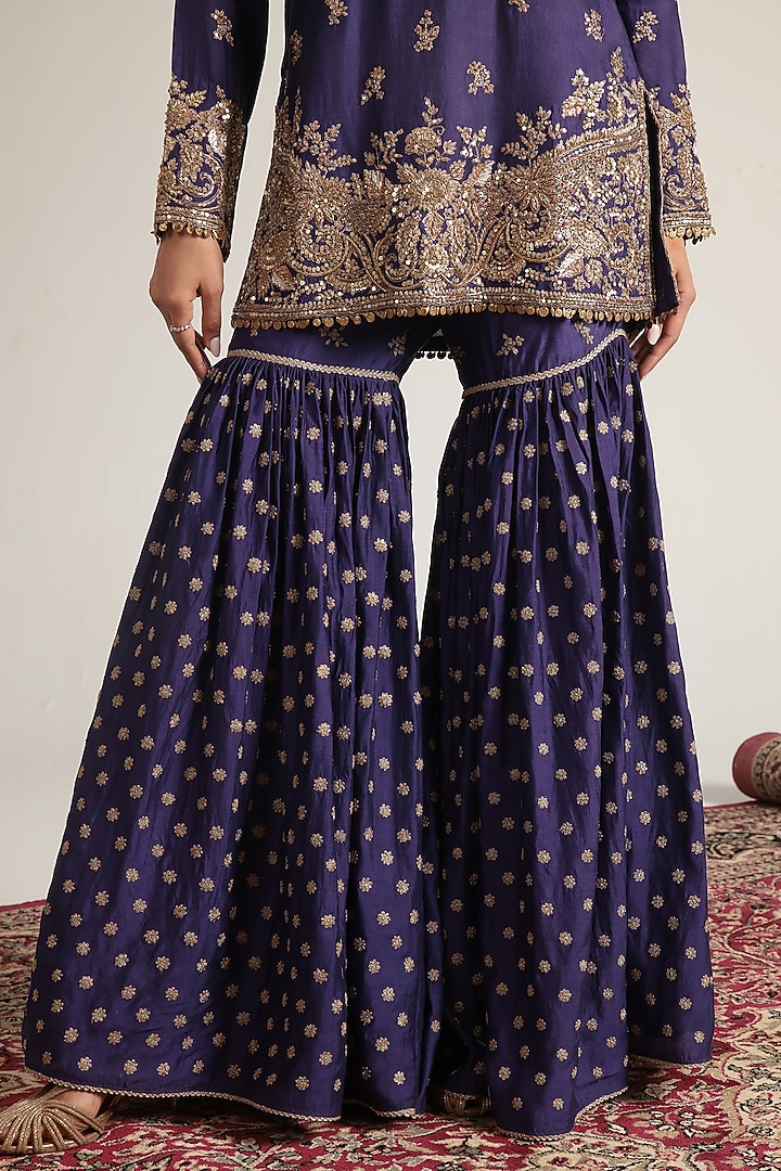 Purple Kora Silk Zardosi Embroidered Bridal Sharara Set by Niti Bothra at Pernia's Pop Up Shop