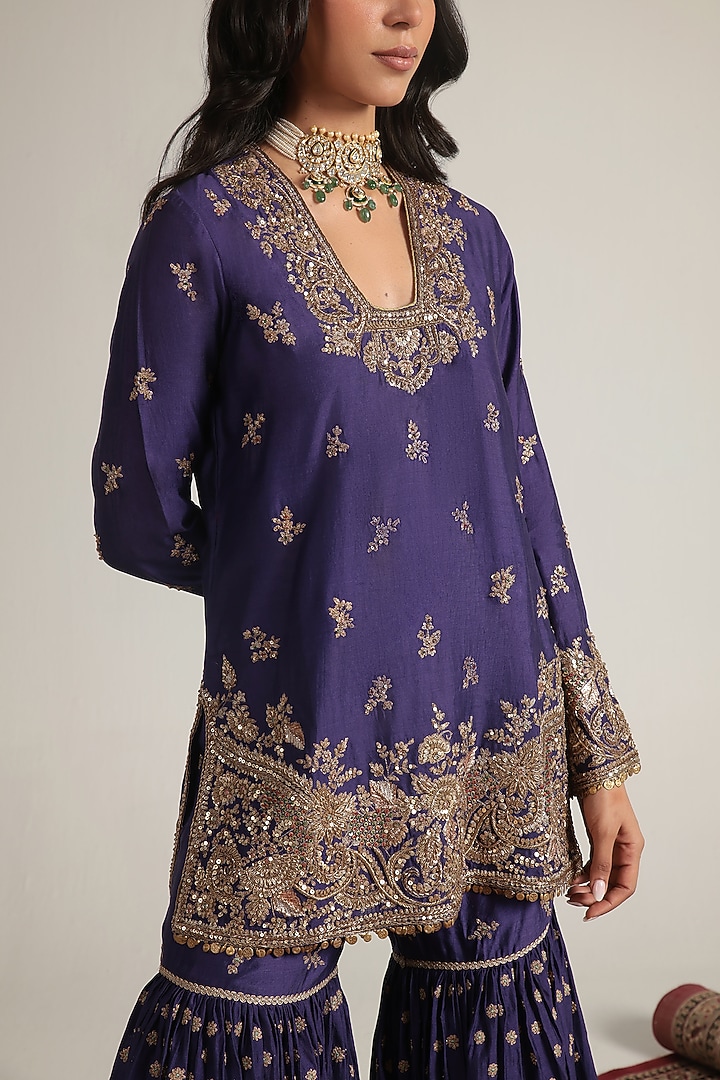 Purple Kora Silk Zardosi Embroidered Bridal Sharara Set by Niti Bothra at Pernia's Pop Up Shop