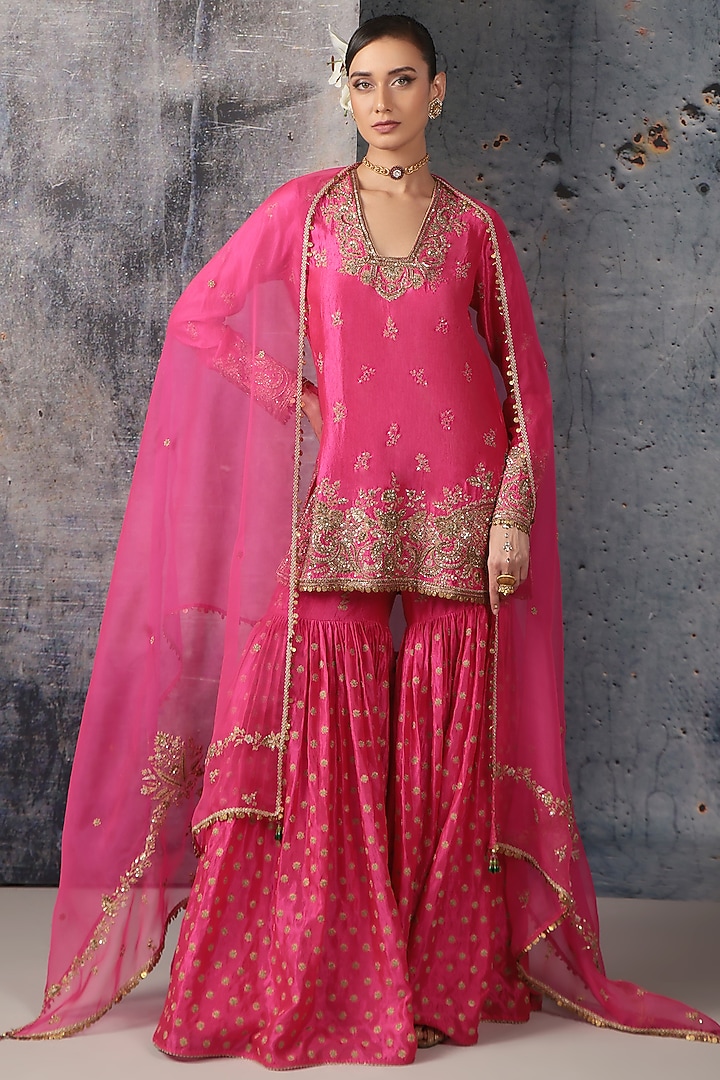Pink Kora Silk Zardosi Embroidered Bridal Sharara Set by Niti Bothra at Pernia's Pop Up Shop