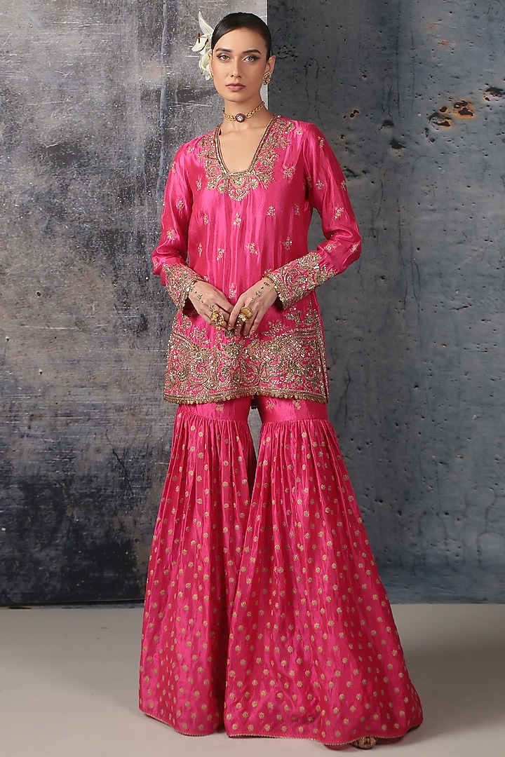 Pink Kora Silk Zardosi Embroidered Bridal Sharara Set by Niti Bothra at Pernia's Pop Up Shop