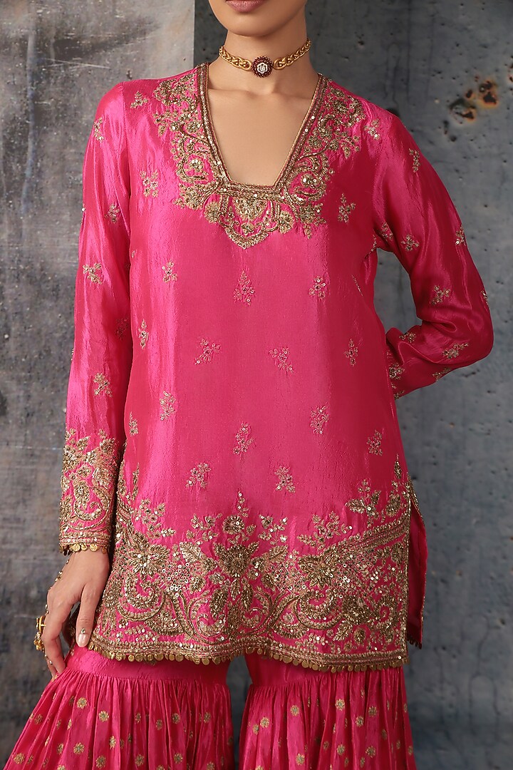 Pink Kora Silk Zardosi Embroidered Bridal Sharara Set by Niti Bothra at Pernia's Pop Up Shop