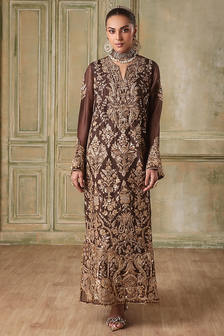 Brown Organza Zardosi Embroidered Kurta Set by Niti Bothra at Pernia's Pop Up Shop