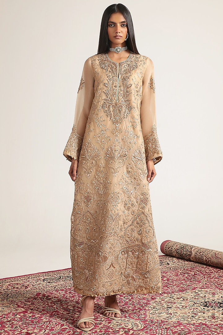Ivory Organza Zari Embroidered Kaftan by Niti Bothra at Pernia's Pop Up Shop