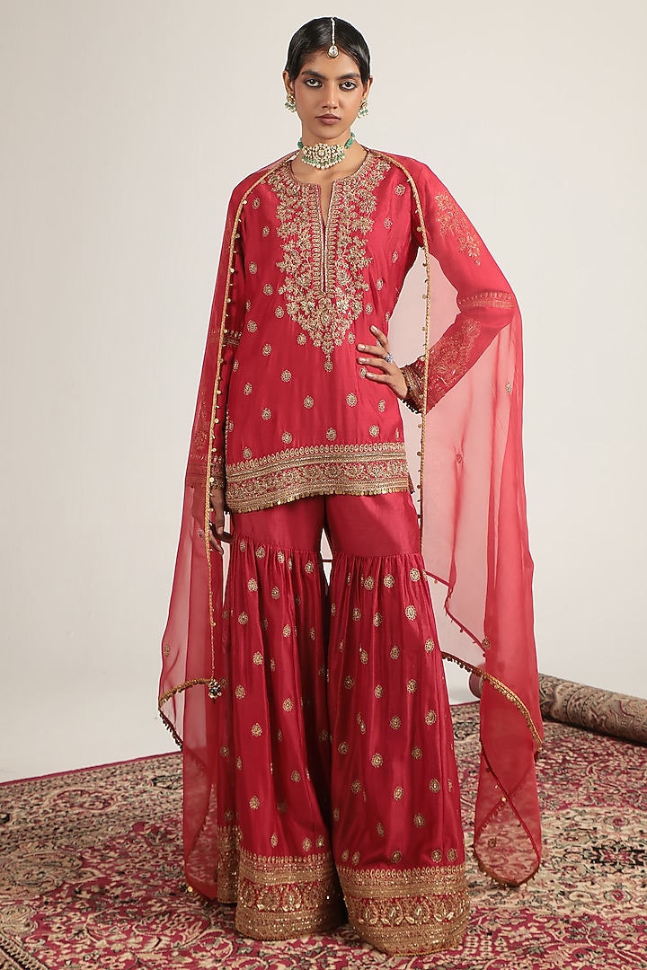 Red Silk Chanderi Zardosi Embroidered Bridal Sharara Set by Niti Bothra at Pernia's Pop Up Shop