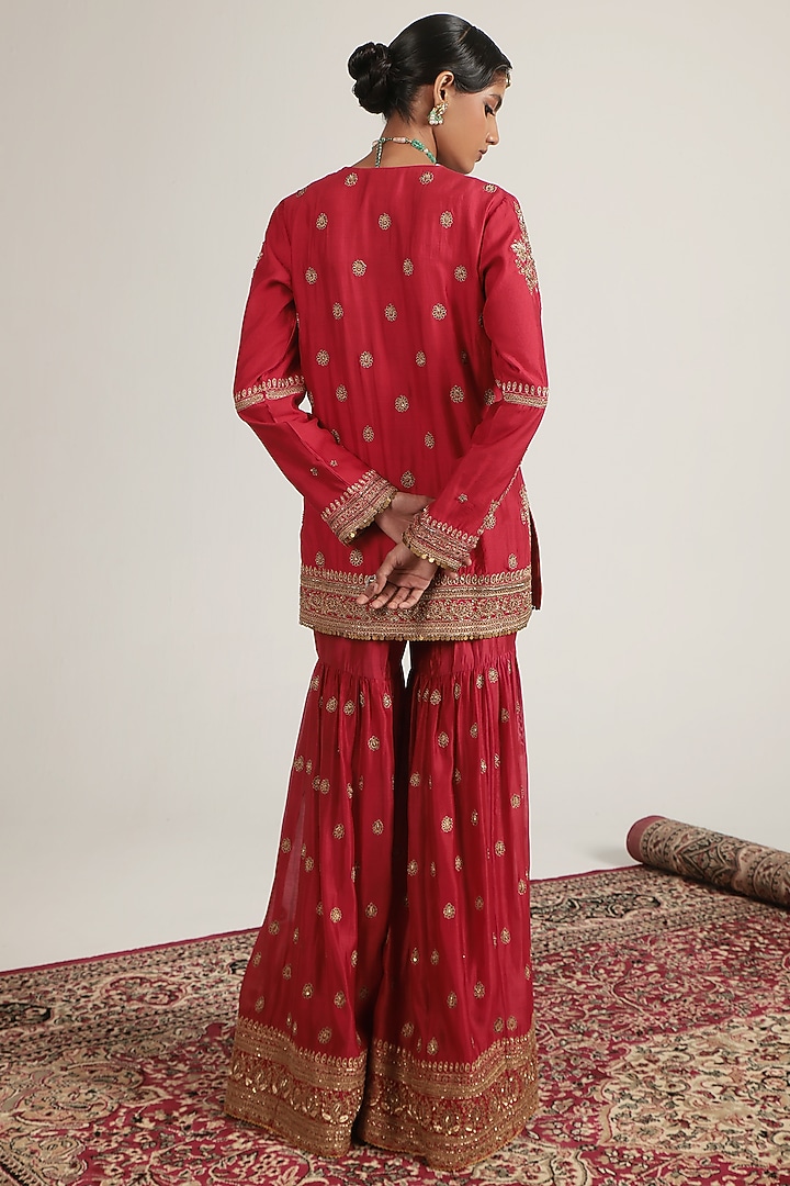 Red Silk Chanderi Zardosi Embroidered Bridal Sharara Set by Niti Bothra at Pernia's Pop Up Shop