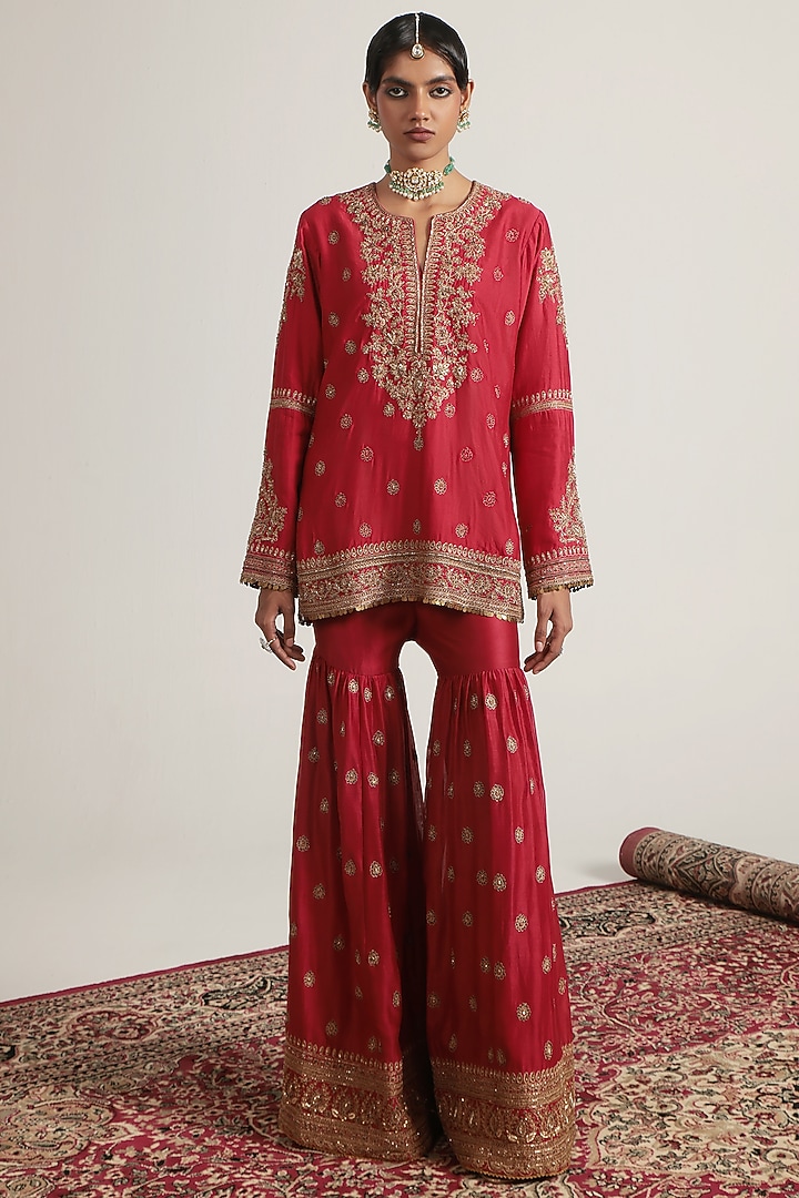 Red Silk Chanderi Zardosi Embroidered Bridal Sharara Set by Niti Bothra at Pernia's Pop Up Shop