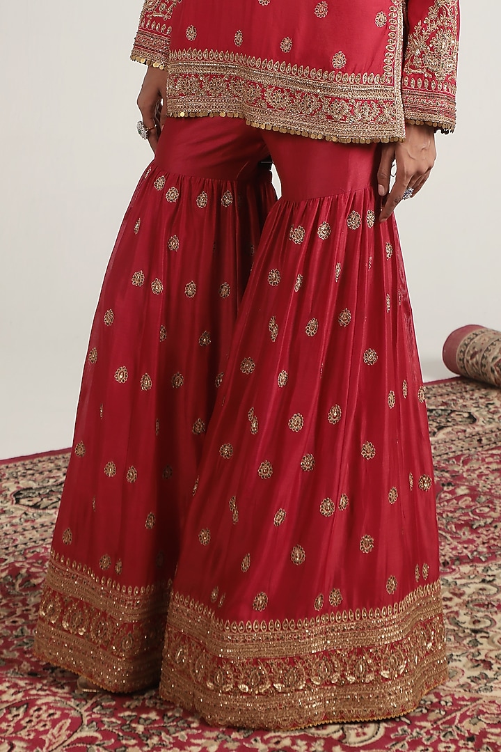 Red Silk Chanderi Zardosi Embroidered Bridal Sharara Set by Niti Bothra at Pernia's Pop Up Shop