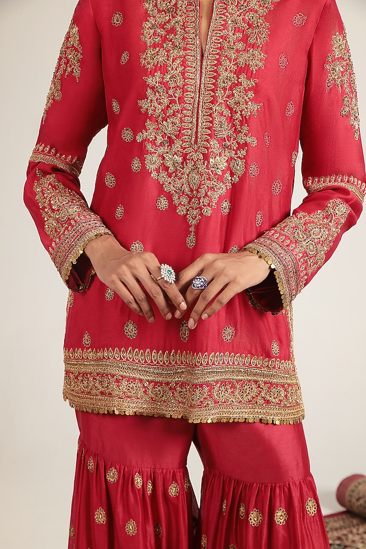 Red Silk Chanderi Zardosi Embroidered Bridal Sharara Set by Niti Bothra at Pernia's Pop Up Shop