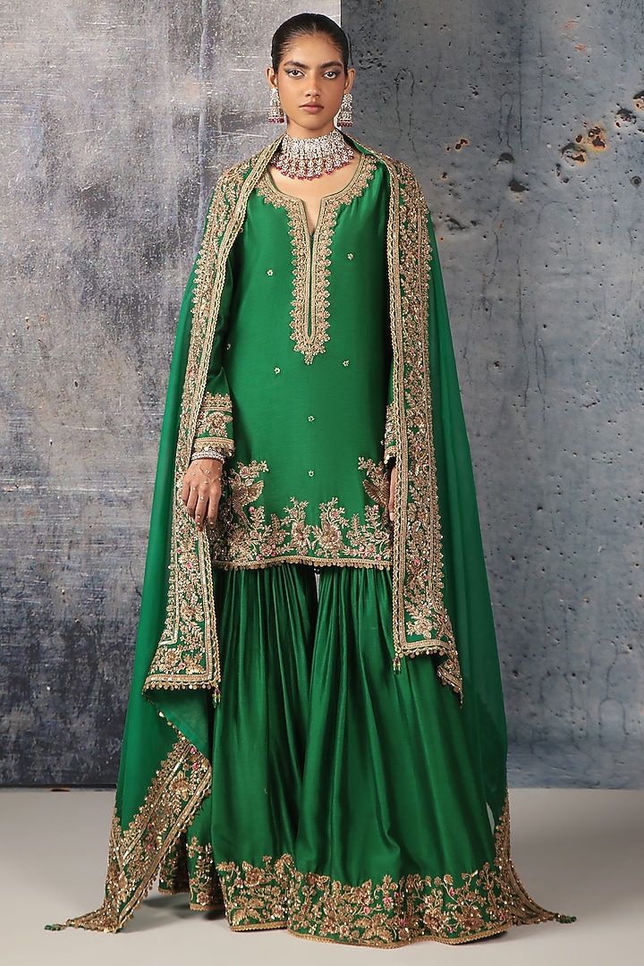 Green Silk Chanderi Zardosi Embroidered Bridal Sharara Set by Niti Bothra at Pernia's Pop Up Shop