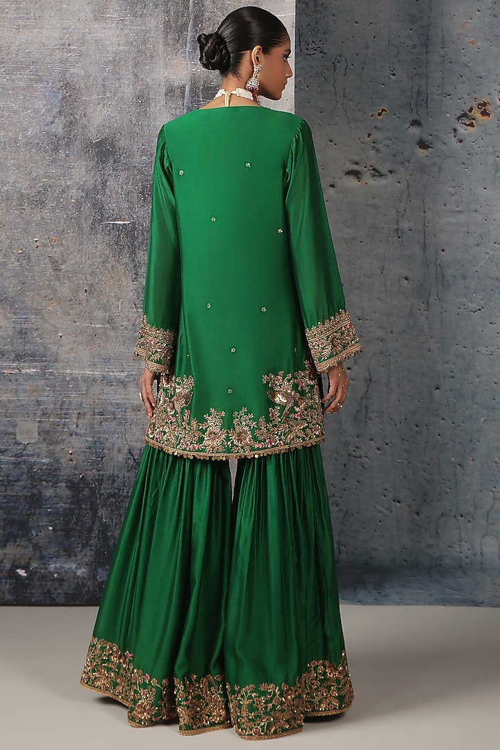 Green Silk Chanderi Zardosi Embroidered Bridal Sharara Set by Niti Bothra at Pernia's Pop Up Shop