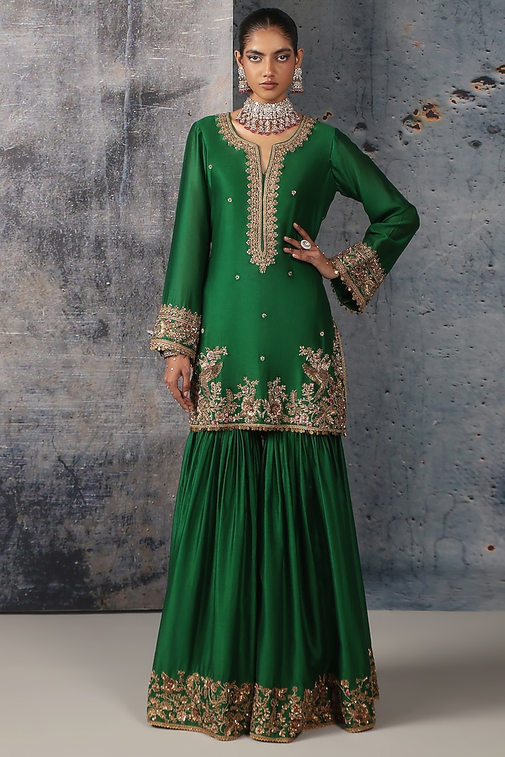 Green Silk Chanderi Zardosi Embroidered Bridal Sharara Set by Niti Bothra at Pernia's Pop Up Shop