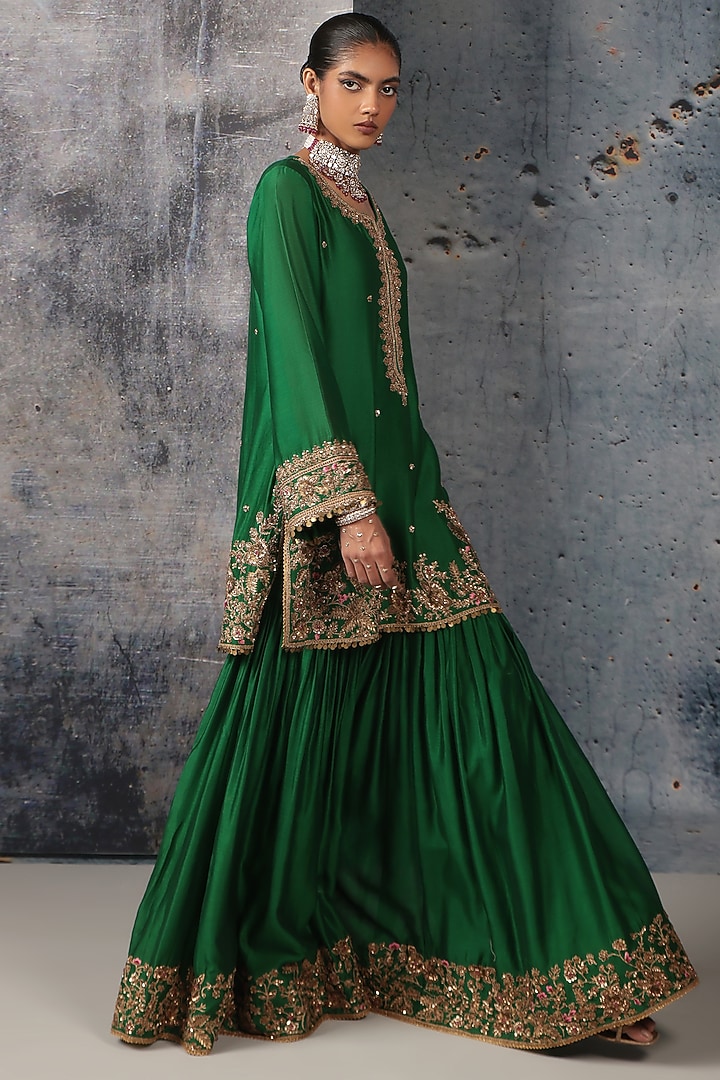 Green Silk Chanderi Zardosi Embroidered Bridal Sharara Set by Niti Bothra at Pernia's Pop Up Shop