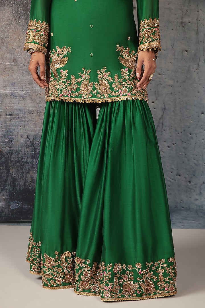 Green Silk Chanderi Zardosi Embroidered Bridal Sharara Set by Niti Bothra at Pernia's Pop Up Shop