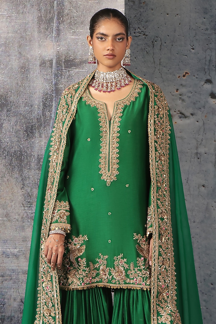 Green Silk Chanderi Zardosi Embroidered Bridal Sharara Set by Niti Bothra at Pernia's Pop Up Shop