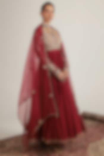 Maroon Silk Chanderi Zardosi Embroidered Kalidar Bridal Anarkali Set by Niti Bothra at Pernia's Pop Up Shop