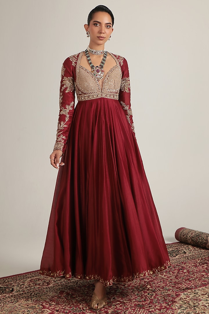Maroon Silk Chanderi Zardosi Embroidered Kalidar Bridal Anarkali Set by Niti Bothra at Pernia's Pop Up Shop