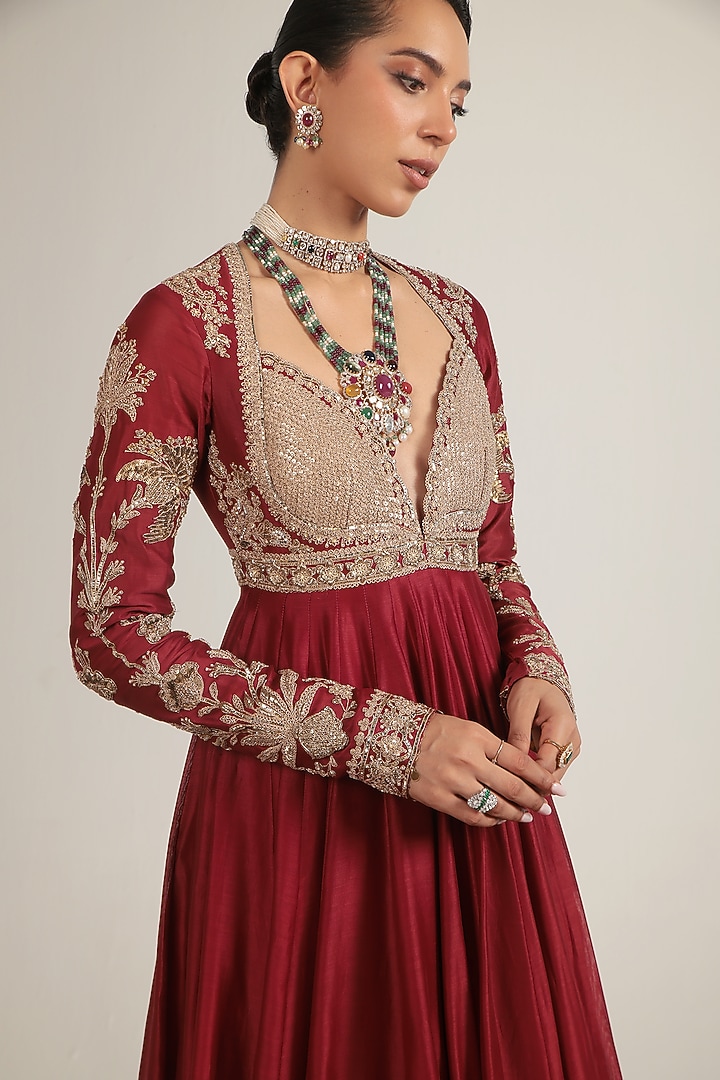 Maroon Silk Chanderi Zardosi Embroidered Kalidar Bridal Anarkali Set by Niti Bothra at Pernia's Pop Up Shop