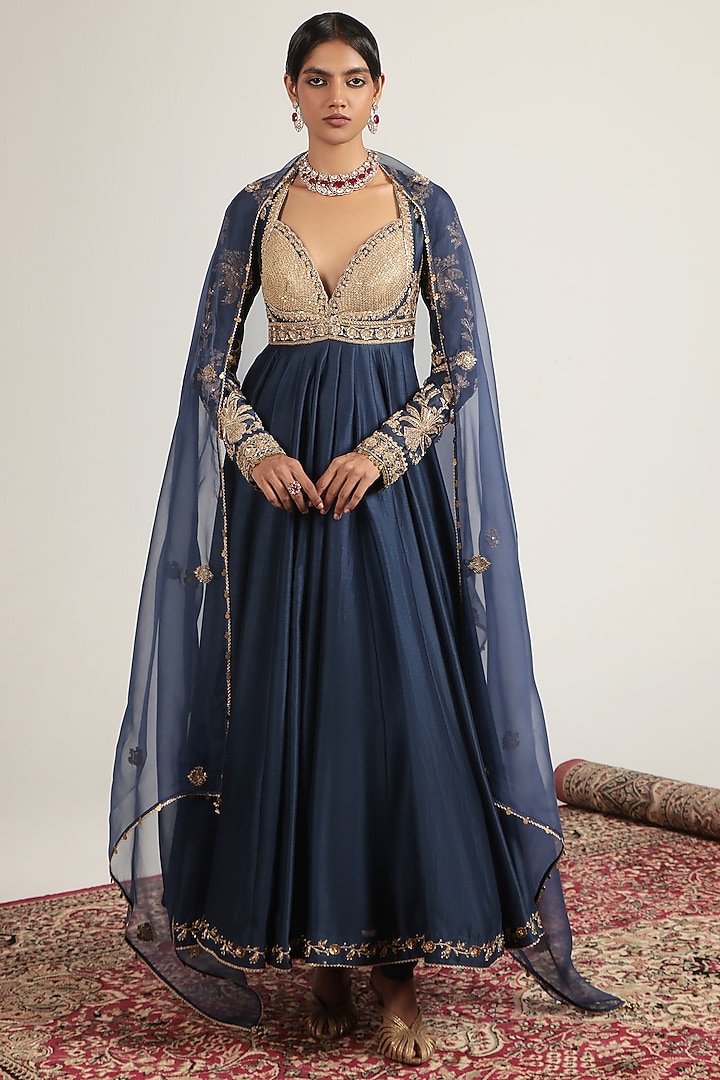 Blue Silk Chanderi Zardosi Embroidered Kalidar Bridal Anarkali Set by Niti Bothra at Pernia's Pop Up Shop