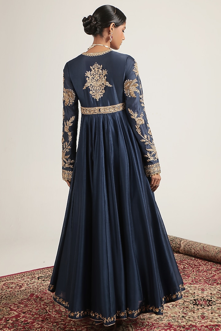 Blue Silk Chanderi Zardosi Embroidered Kalidar Bridal Anarkali Set by Niti Bothra at Pernia's Pop Up Shop