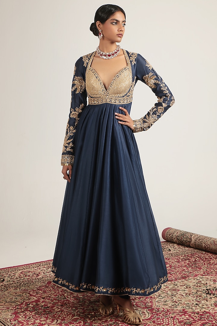 Blue Silk Chanderi Zardosi Embroidered Kalidar Bridal Anarkali Set by Niti Bothra at Pernia's Pop Up Shop