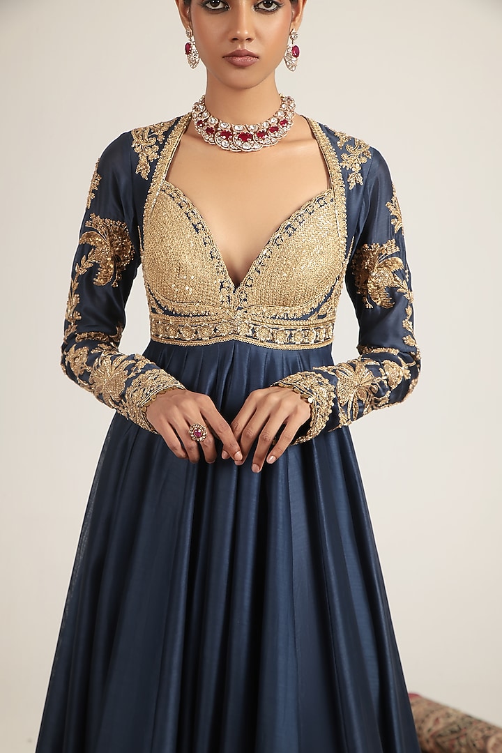 Blue Silk Chanderi Zardosi Embroidered Kalidar Bridal Anarkali Set by Niti Bothra at Pernia's Pop Up Shop