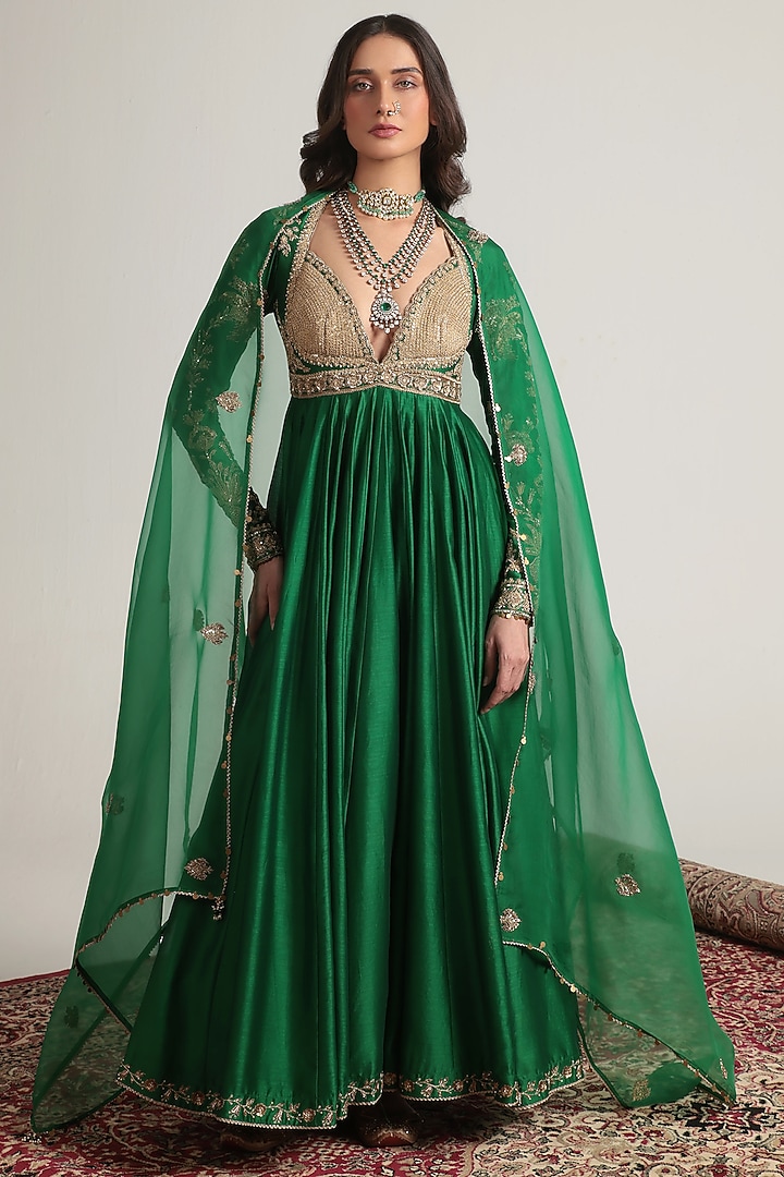 Green Silk Chanderi Zardosi Embroidered Kalidar Bridal Anarkali Set by Niti Bothra at Pernia's Pop Up Shop