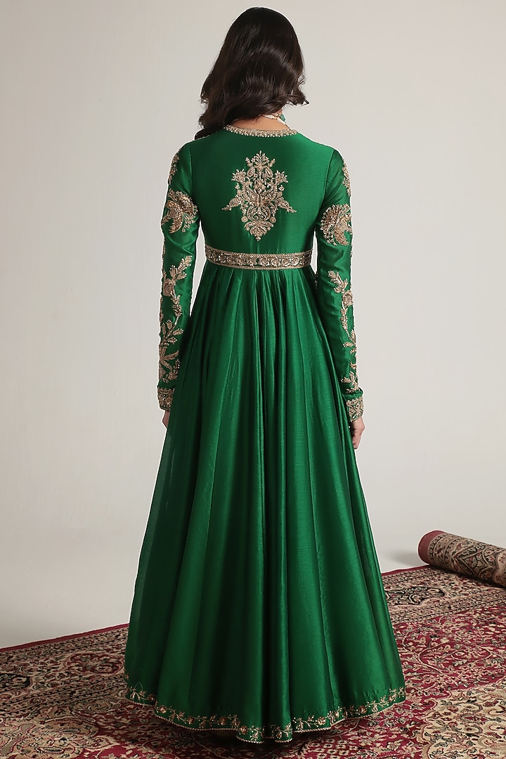 Green Silk Chanderi Zardosi Embroidered Kalidar Bridal Anarkali Set by Niti Bothra at Pernia's Pop Up Shop