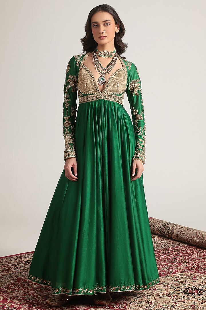 Green Silk Chanderi Zardosi Embroidered Kalidar Bridal Anarkali Set by Niti Bothra at Pernia's Pop Up Shop