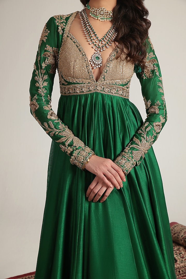 Green Silk Chanderi Zardosi Embroidered Kalidar Bridal Anarkali Set by Niti Bothra at Pernia's Pop Up Shop