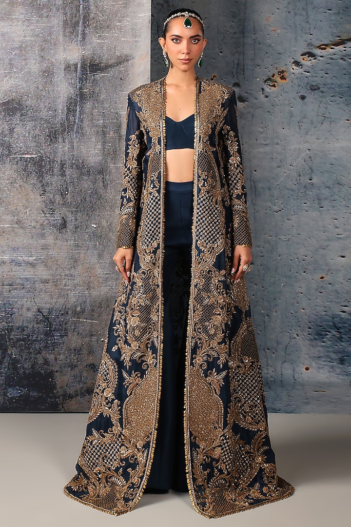 Blue Organza & Silk Zardosi Embroidered Jacket Set by Niti Bothra at Pernia's Pop Up Shop
