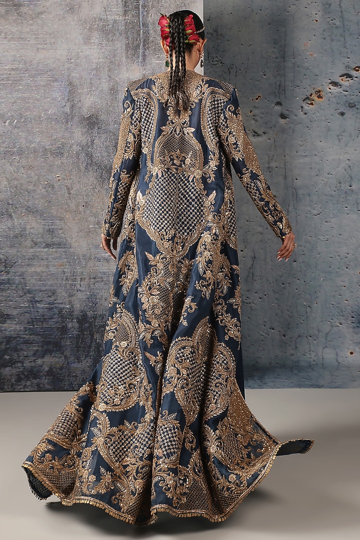 Blue Organza & Silk Zardosi Embroidered Jacket Set by Niti Bothra at Pernia's Pop Up Shop