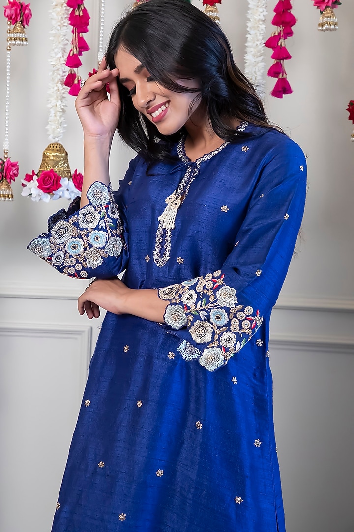 Blue Fusion Embroidered Kurta Set by Niti Bothra at Pernia's Pop Up Shop