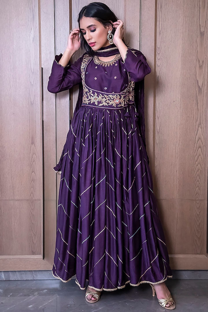 Purple Mughal Embroidered Angrakha Anarkali Set by Niti Bothra