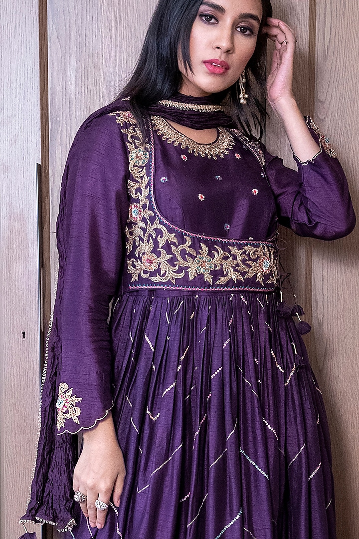 Purple Mughal Embroidered Angrakha Wedding Anarkali Set by Niti Bothra at Pernia's Pop Up Shop