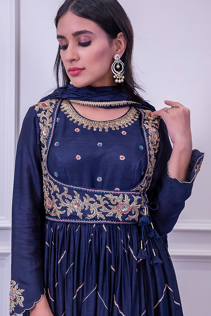 Blue Mughal Embroidered Angrakha Wedding Anarkali Set by Niti Bothra at Pernia's Pop Up Shop