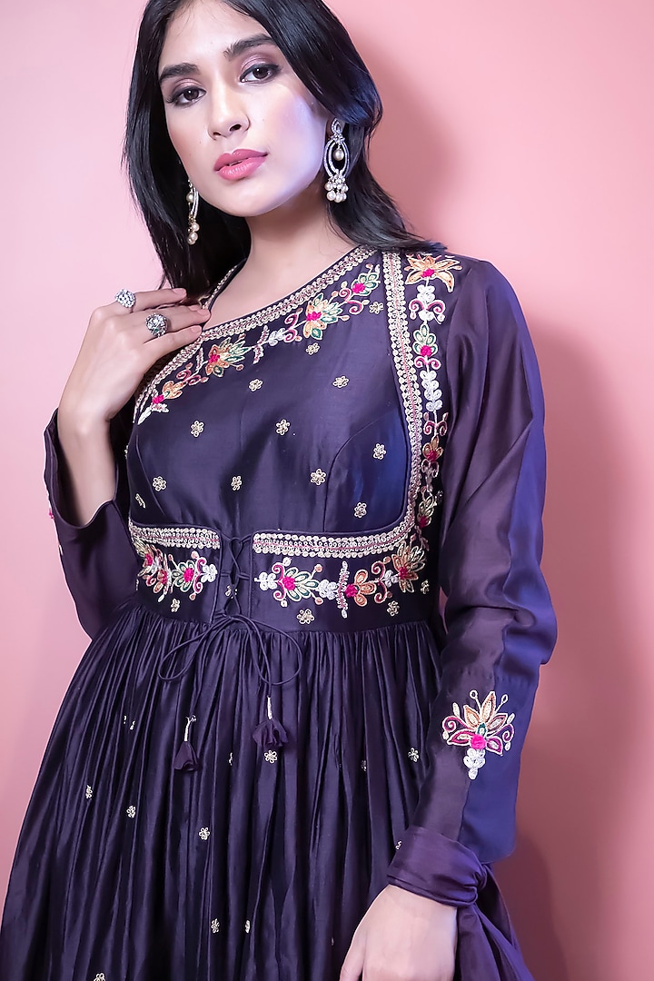 Purple Floral Embroidered Angrakha Wedding Anarkali Set by Niti Bothra at Pernia's Pop Up Shop