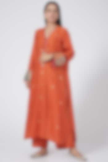 Orange Embroidered Party Wear Anarkali Set by Niti Bothra at Pernia's Pop Up Shop