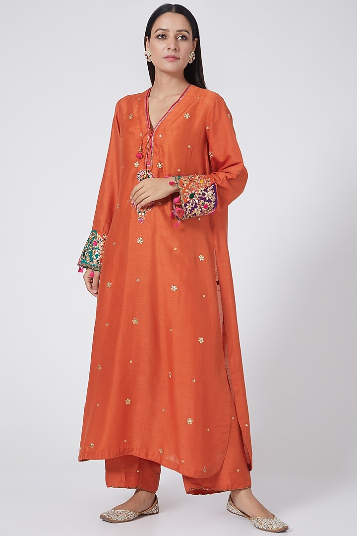 Orange Embroidered Party Wear Anarkali Set by Niti Bothra at Pernia's Pop Up Shop