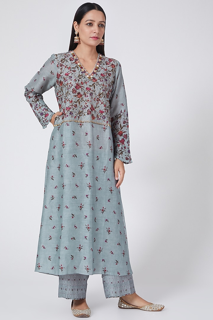 Sky Blue Chanderi Cotton Kurta Set by Niti Bothra at Pernia's Pop Up Shop