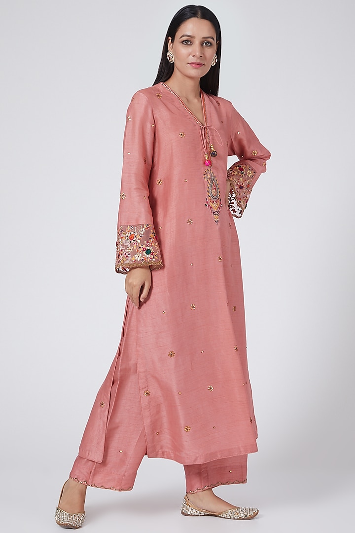 Pink Raw Silk Kurta Set by Niti Bothra