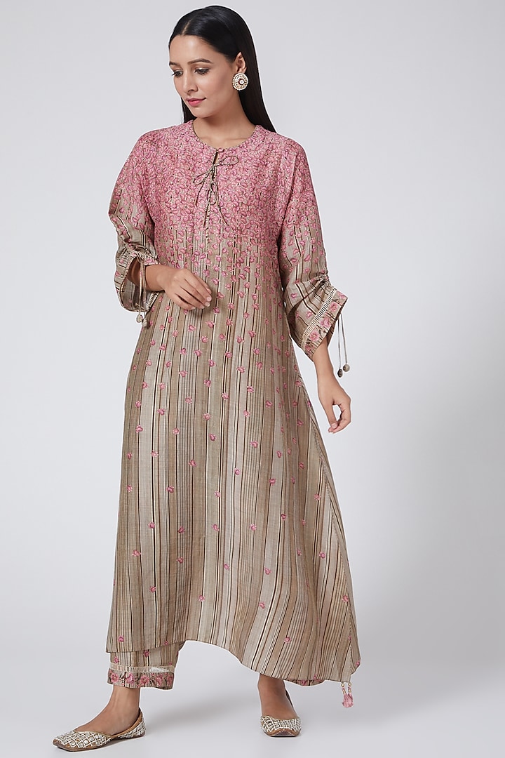 Beige Ombre Embroidered Kurta Set by Niti Bothra