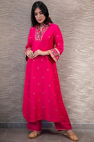 Rani Pink Zardosi & Resham Embroidered Kurta Set by Niti Bothra