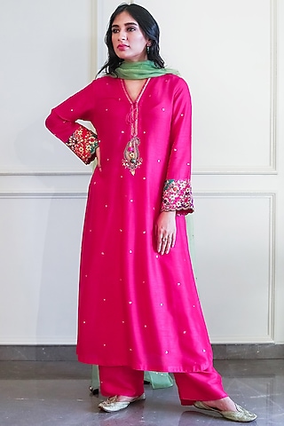 Rani Pink Embroidered Kurta Set by Niti Bothra