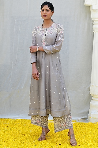 Grey Banarasi Silk Embroidered Kurta Set by Niti Bothra