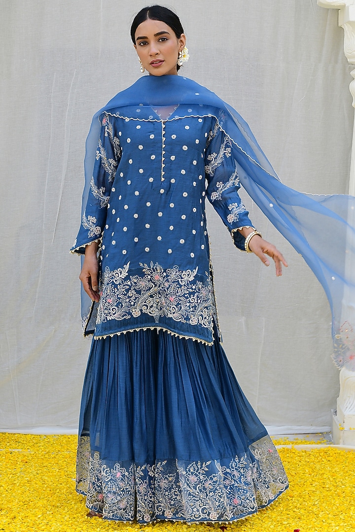 Blue Bemberg & Mul Embroidered Wedding Sharara Set by Niti Bothra at Pernia's Pop Up Shop