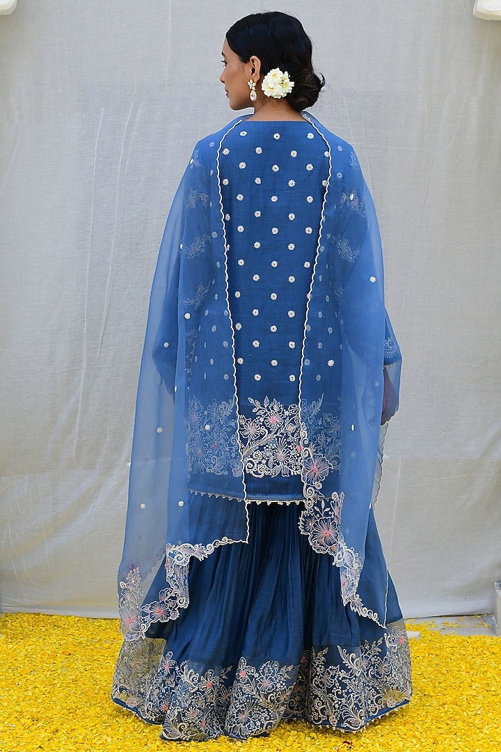 Blue Bemberg & Mul Embroidered Wedding Sharara Set by Niti Bothra at Pernia's Pop Up Shop