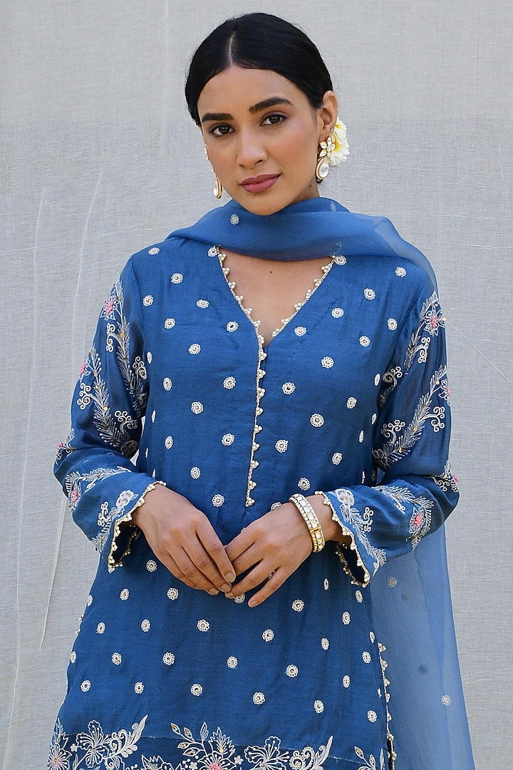 Blue Bemberg & Mul Embroidered Wedding Sharara Set by Niti Bothra at Pernia's Pop Up Shop