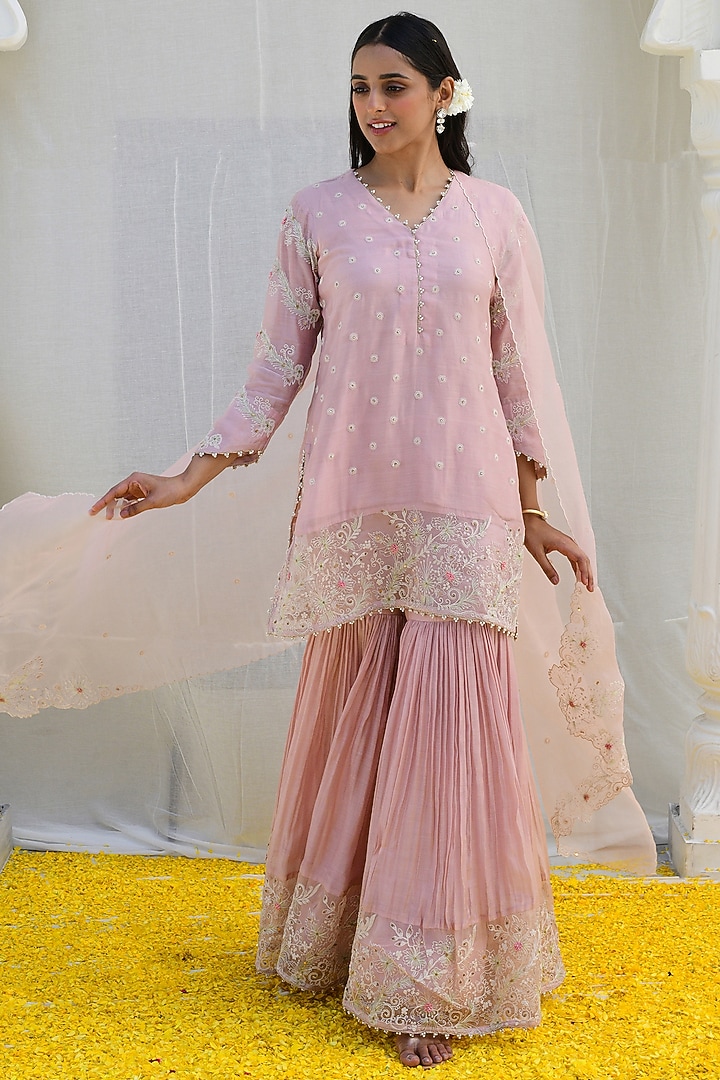 Pink Banarasi Silk Embroidered Wedding Sharara Set by Niti Bothra at Pernia's Pop Up Shop