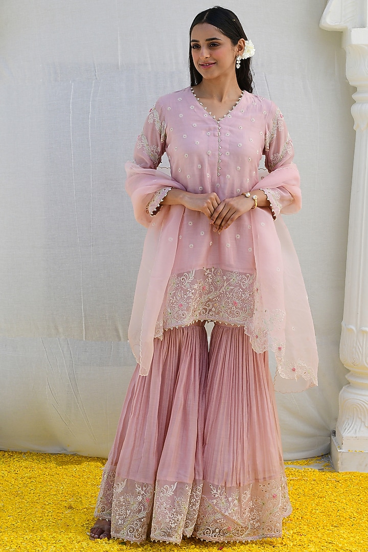 Pink Banarasi Silk Embroidered Wedding Sharara Set by Niti Bothra at Pernia's Pop Up Shop
